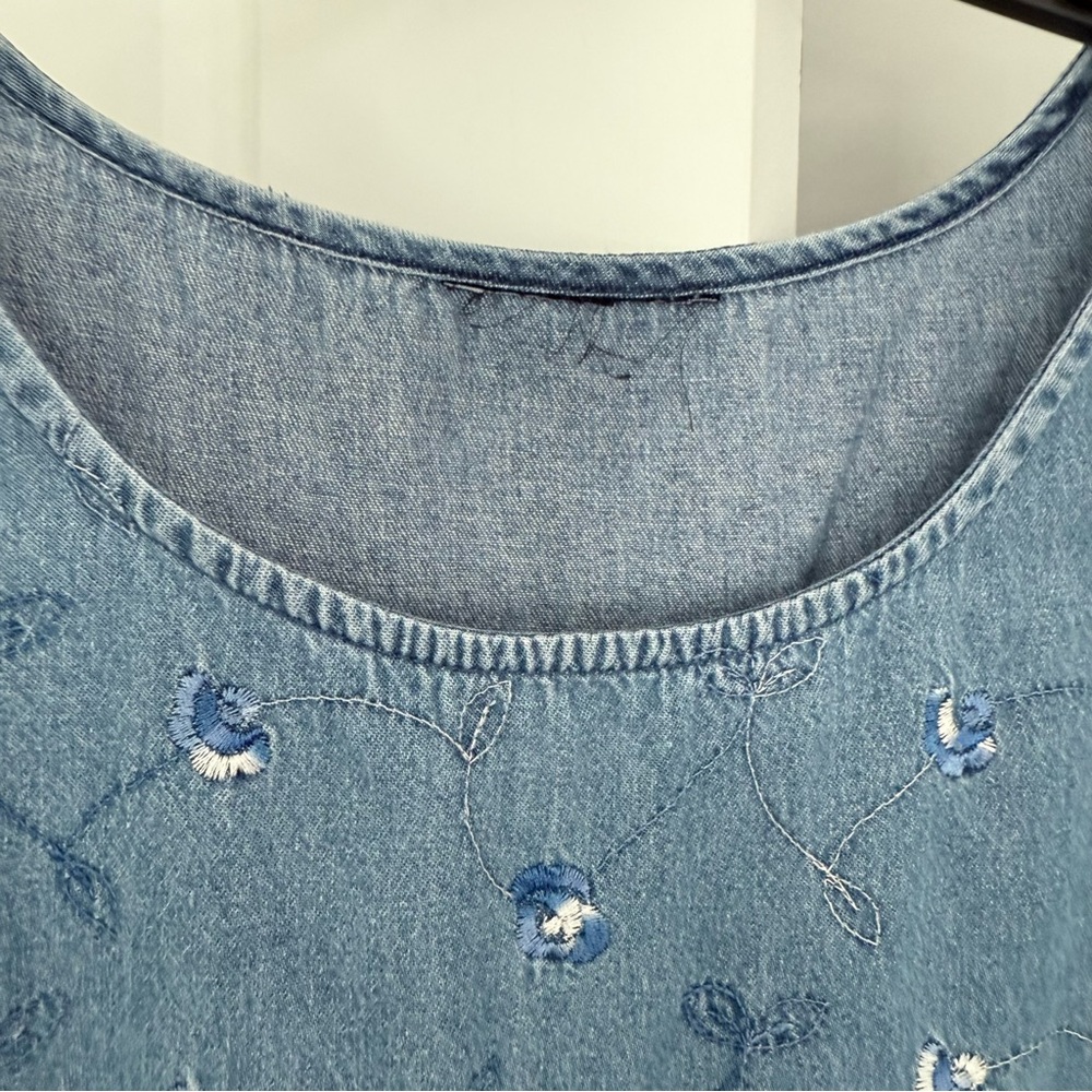 Embroidered Denim Maxi Dress Sleeveless Scoop Neck Size L - Picture 5 of 10